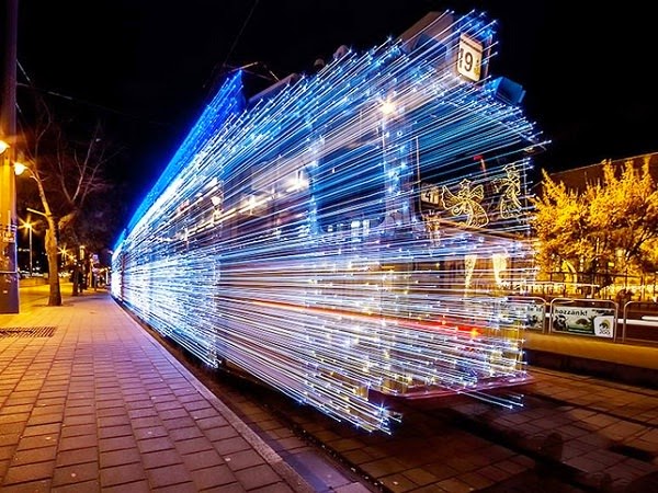 Budapest Tram lit up by LED long exposure photo of Budapest Tram decorated with LED Lights